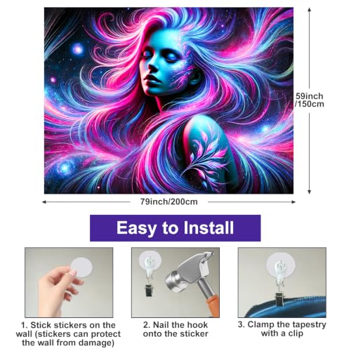 Image of BlissYard Blacklight Tapestry Girl 78x59 Inch Blacklight Cool Girl Art Tapestry for Bedroom Glow In The Dark UV Reactive Black Light Tapestries Posters Wall Hanging Hone Room Party Decor