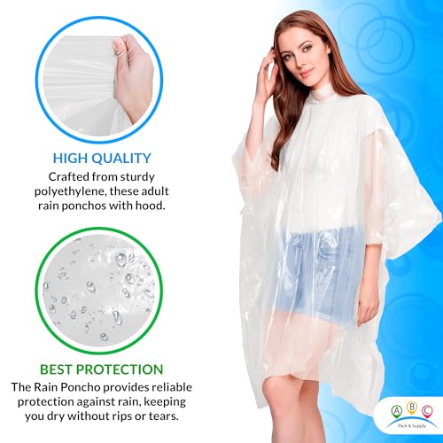 Image of ABC PACK & SUPPLY Disposable Rain Ponchos for Adults, White Hooded Rain Poncho, One Size, Polyethylene 0.02mm, Individually Wrapped, Bulk Pack of 200