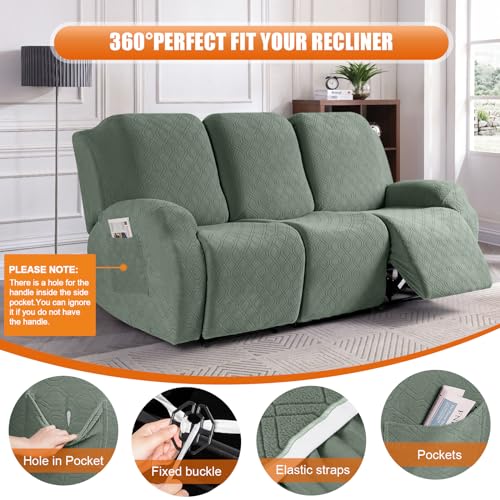 Image of VANSOFY Recliner Cover, 3-Pieces Stretch Reclining Couch Covers with Pockets Reclining Sofa Slipcovers 3 Seater Soft Washable Furniture Protector for Dogs Cats(Bean Green)