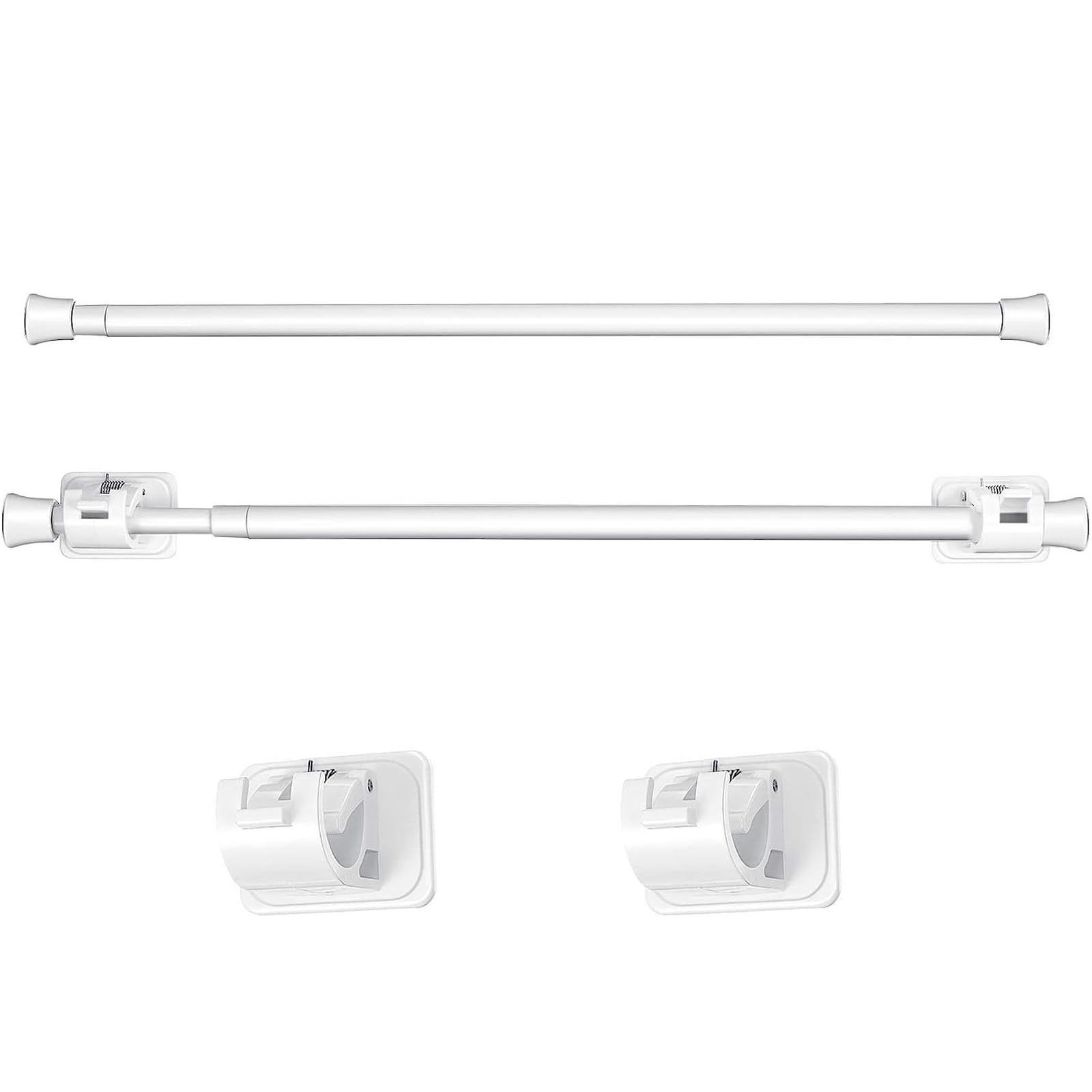 Patelai 2 Pieces Adjustable Curtain Rod Extendable Spring Tension Rod with Self Adhesive Hook for Closet, Wardrobe, Bookshelf, Small Window, White (27.5 to 47.2 Inch)