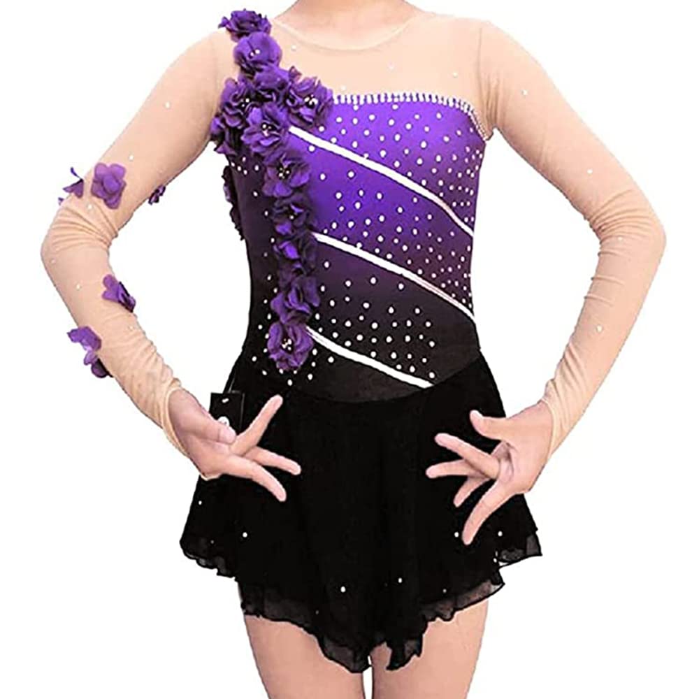 LIUHUO - Vestido de patinaje artístico sobre hielo, color morado para niñas y mujeres, de manga larga, con abalorio, para patinaje sobre ruedas