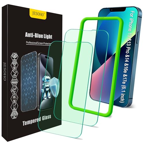 JESOHO Blue Light Screen Protector for iPhone 13/13 Pro/14/16e/17e (6.1inch), Eye Protection Tempered Glass Film, Scratch-Resistant, No Bubble with Easy Installation Kit, 2 Pack
