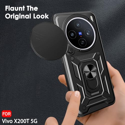 Image of TheGiftKart Tough Armor Bumper Back Cover Case for Vivo X200T 5G | Kickstand & Ring Holder | 360 Degree Protection Back Cover Case for Vivo X200T 5G (PC & TPU, Rotating Camera Cover, Black)
