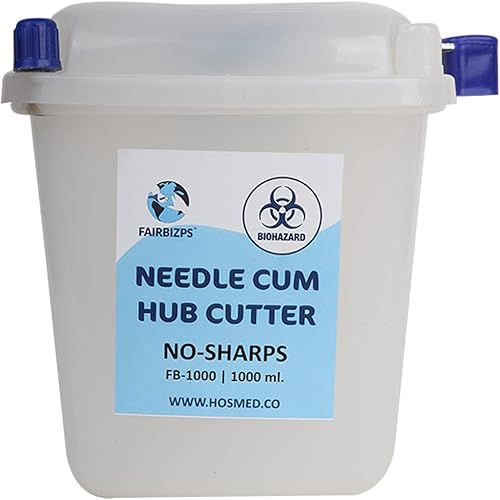 Miniatura 3 de FAIRBIZPS ABS Aguja Cum Destructor de cubo de jeringa manual Cortador de buje manual, contenedor afilado 1000ML (blanco translúcido)