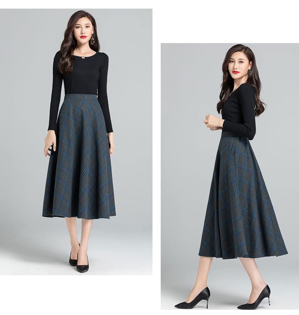 Artykey Jupe Longue Femme Hiver Élégant Carreaux Laine Midi Skirts Automne A-Ligne Taille Haute Plissée Jupe avec Poches