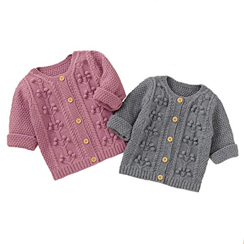 Infant Toddler Baby Girls Cardigan Sweater Long Sleeve Button Down Knitted Outwear Fall Winter Solid Color Knit Tops 0-18M (18-24 Months, 3D Ball Flowers-Pink)