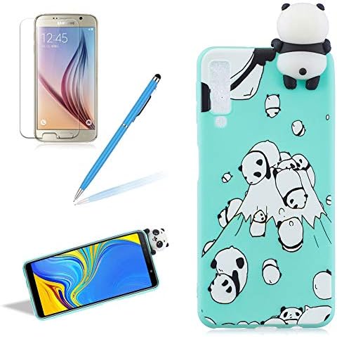 Case for Samsung Galaxy A7 2018 with Free Screen Protector,Girlyard Cute [3D Cartoon Animal Design] Soft Silicone Rubber TPU Bumper Slim Fit Shockproof Protective Cover-Blue Panda