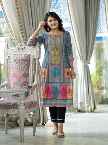Image of Juniper Blue Floral Printed Liva Rayon Kurta with Beads & Sequins Work