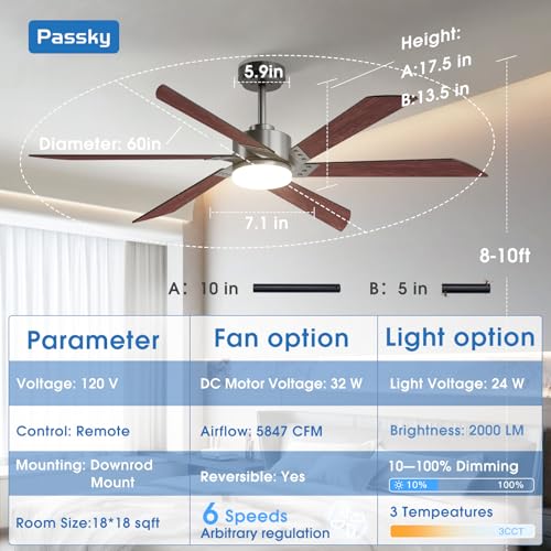 Image of Passky 60 Inch Black Contemporary Ceiling Fans with Lights, Remote Control | 3CCT dimmable light, quiet DC motor, reversible airflow; black contemporary style for bedroom and living room
