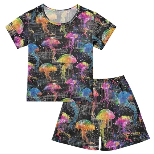 ALAZA Rainbow Jellyfish Music Notes Pajama Set Short Sleeve Sleepwear Soft Lounge Nightwear