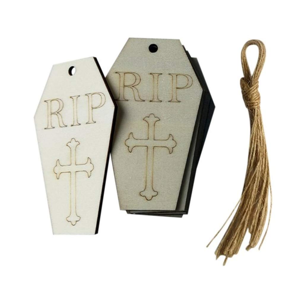 Inzopo Tombstone 10Pcs Halloween Wooden Slices Wooden Gift Tags Blank Wood Hanging Ornaments Cutouts Crafts With Twine Ropes For Kids Crafts Halloween Christmas Ornaments - Rip
