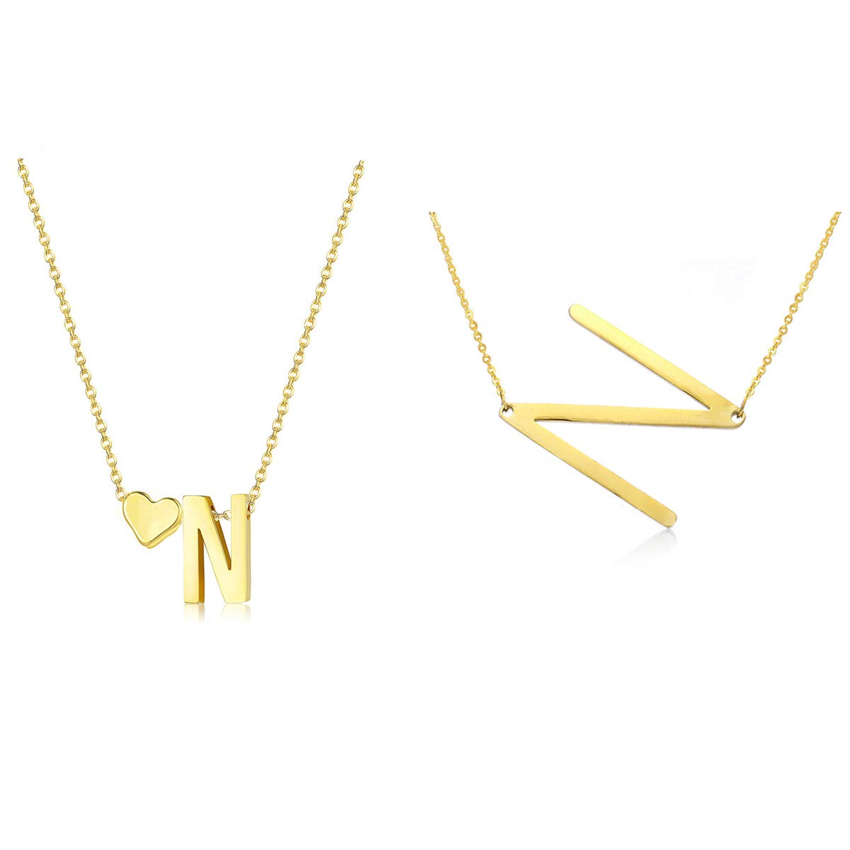 WLL 2 Pcs Gold Initial Necklace for Women Tiny Heart Initial Necklace Personalized Sideways Large Big Letters Necklace Name Jewelry Set