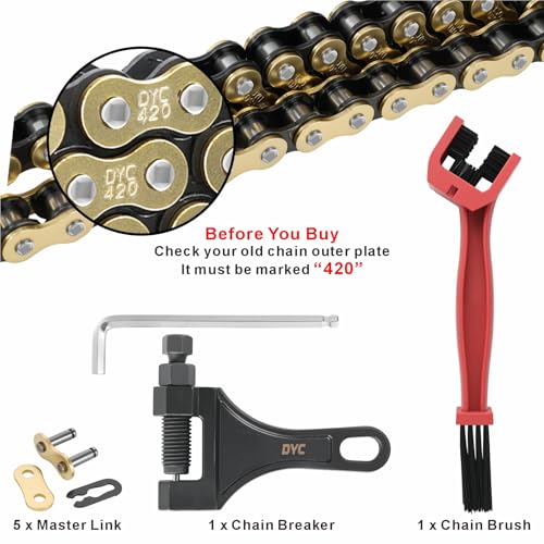 Image of DYC 420 Chain 132 Links(Gold /Black) w /Master Link + Chain Breaker Tool & Chain Brush for Mini Bike, Pit Bike, Dirt Bike, ATV & Go Kart (Coleman, Baja, SSR, TaoTao, Coolster, Apollo, Kazuma)