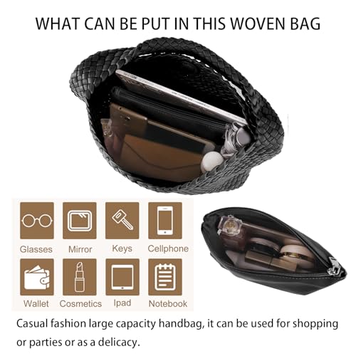 Image of Woven Tote Bag For Women, Large Vegan Leather Travel Handbag, Casual Work Shoulder Bag, Underarm Commuter Hobo Bag With Purse