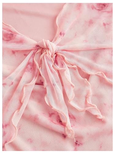 Verdusa Girl's Floral Mesh Sheer Crop Tops Y2k Tie Front Ruched Short Sleeve Tees4