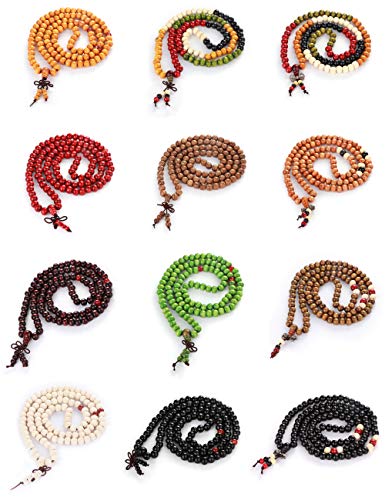 LOYALLOOK 12Pcs 108 Mala Bead Bracelets 8MM Buddhist Prayer Strand Sandalwood Wood Beaded Bracelet Necklace Elastic Handmade Multilayer Tibetan Buddha Link Wrist Bracelets Meditation Necklace Chain2
