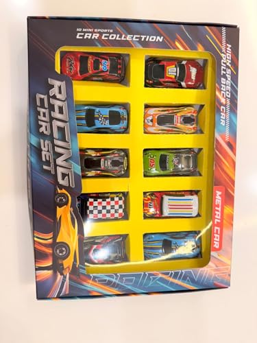 Image of Cable World Set of 10 Mini Racing Metal Die Cast Car Set | Khilona Metal Car for Kids | Pull Back Vehicles | Best Birthday Gift, Return Gift, Diwali Gift for Boys and Girls (Multi Color & Design)