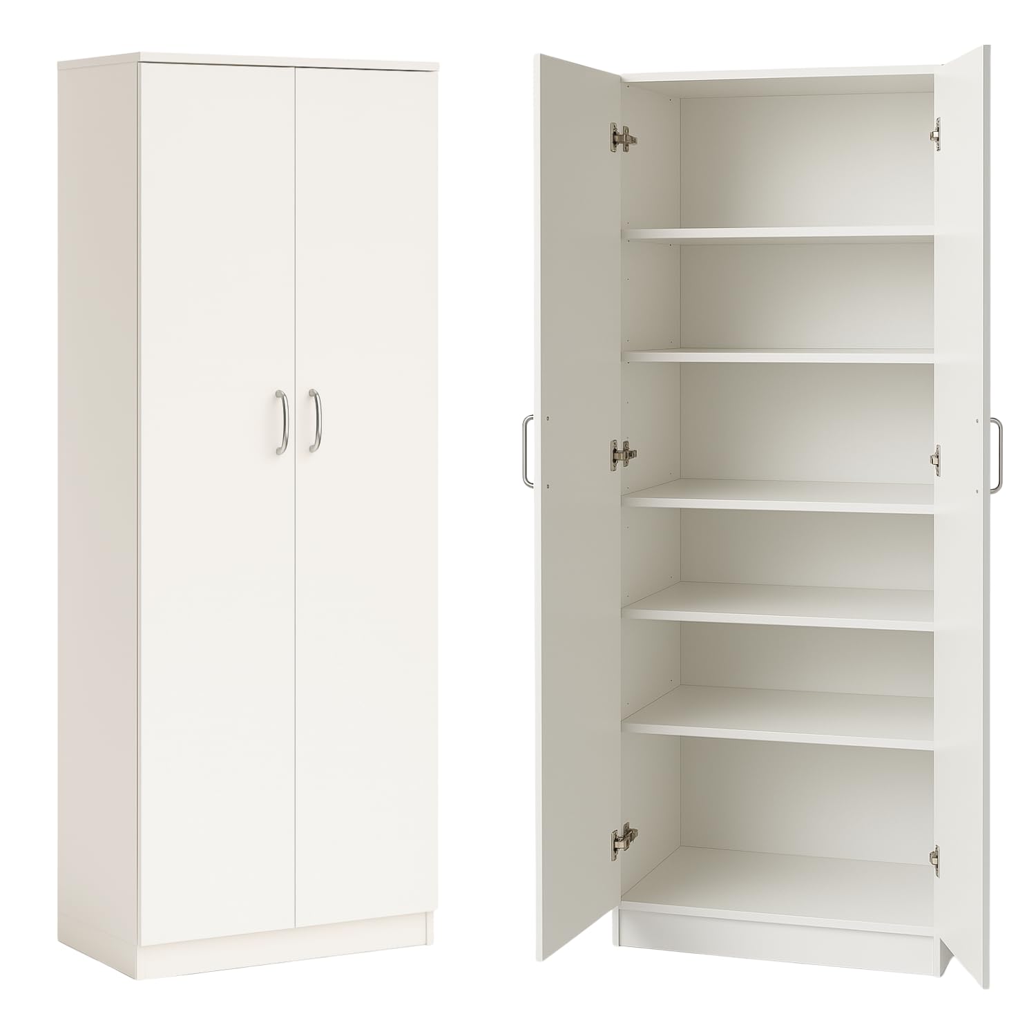 eacommerce - Armadio Multiuso con 2 Ante | 5 Ripiani | Stile Moderno in Legno Melaminico | Chiusura Rallentata, Maniglie Cromo Satinate | Per Ingresso Garage Ripostiglio - Colore Bianco