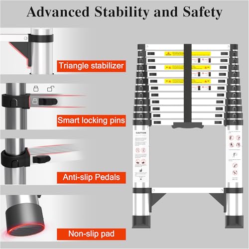 Image of Telescoping Ladder, 12.5 FT Aluminum Extendable Ladder, 330 Lbs, Silver | Telescopic & Retractable, Collapsible Extension Ladder for House, Roof, RV & Travel Trailer