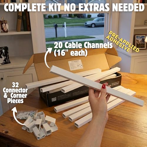 Image of A+ ELECTRIC Cord Cover Full Kit, 26ft /315in Self-Adhesive Cable Raceway, 20 Snap-On Channels, Wire Hider for TV, HDMI & Speaker Cables, Includes Connectors & Corners, Paintable Cable Management, White