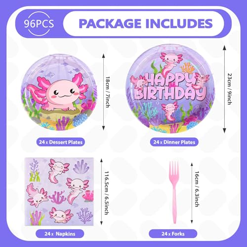 Image of Grencian 96 Pcs Axolotl Birthday Party Decorations, Serves 24 | Pink Cartoon Axolotl Plates and Napkins Reptile Animals Axolotl Tableware Set for Girls Birthday Baby Shower Party Supplies