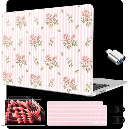 Image of MEEgoodo for M5 /M4 /M3 /M2 MacBook Air 15 inch Case 2026 2025 2024 2023, Case Fit Model (A3448 /A3241 /A3114 /A2941) for MacBook Air 15.3 inch, Pink Stripes&Roses