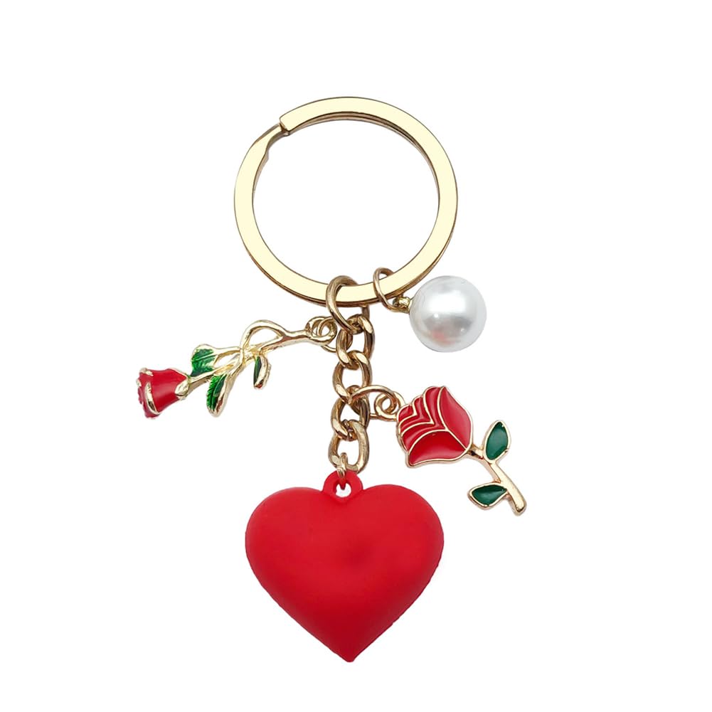 Arfuka Unisex Red Keyring Rose And Heart Pendant Alloy Keychain Key Holder Bag Charm Backpack Decoration Accessories
