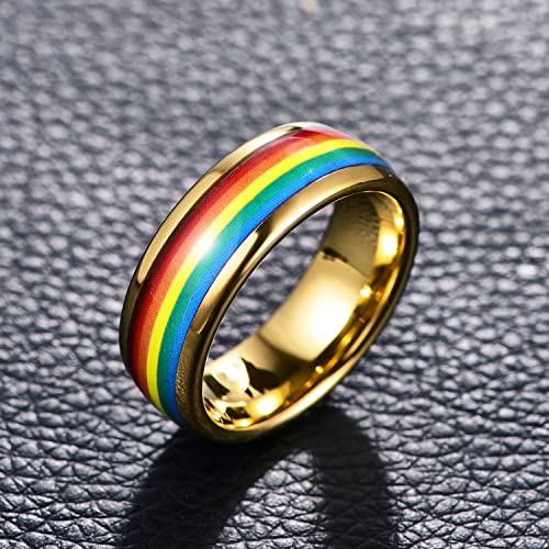 MEILING LINGMEI 8mm Tungsten Carbide Ring Gold Rainbow Wedding Ring LGBT Pride Ring for Lesbian & Gay LGBTQ Pride Engagement Band Comfort Fit Size 7-122