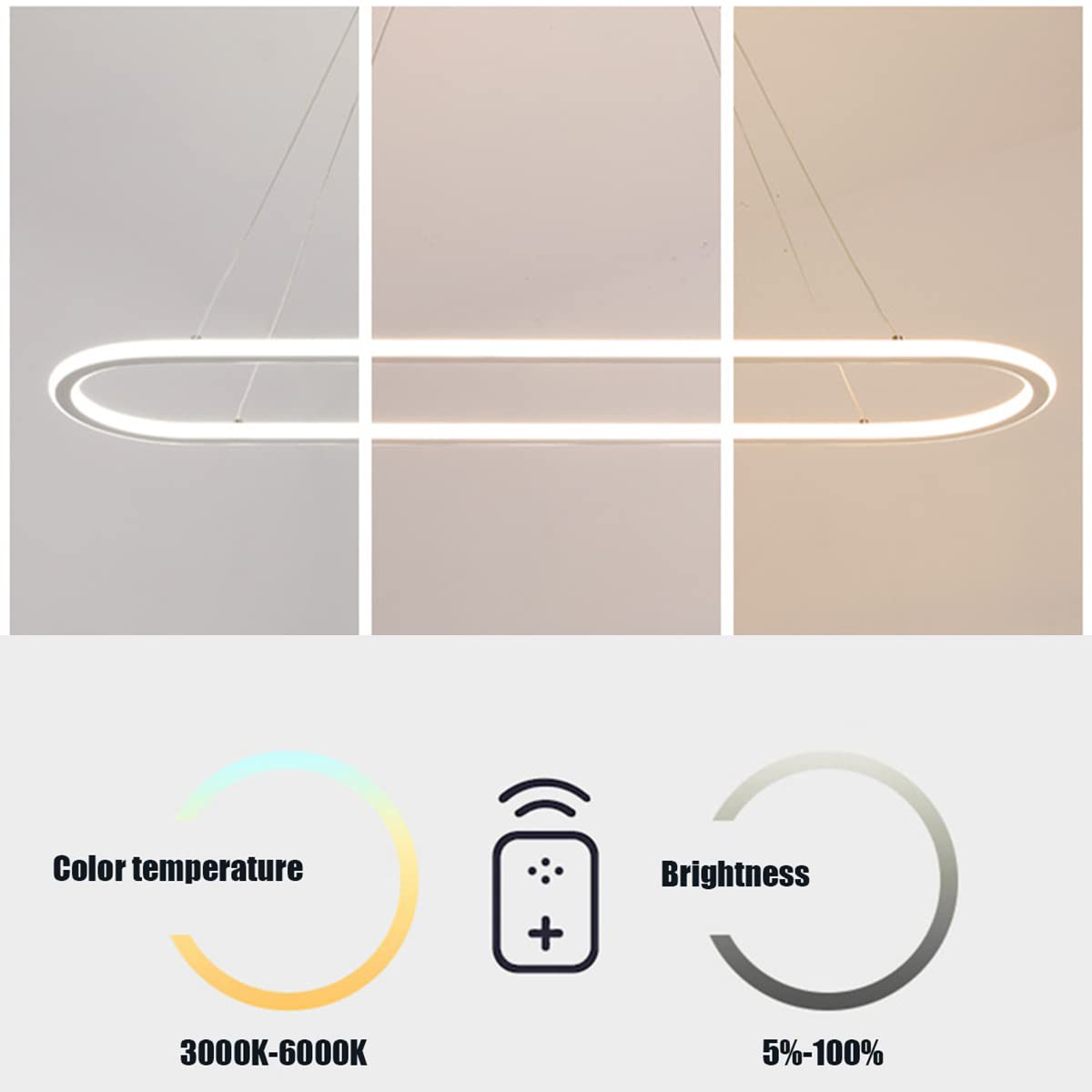 Lampy sufitowe LED do sypialni, owalny design, możliwość ściemniania, z pilotem zdalnego sterowania, regulowana wysokość do stołu jadalnego biura (czarny dł. 60 cm / 30 W)