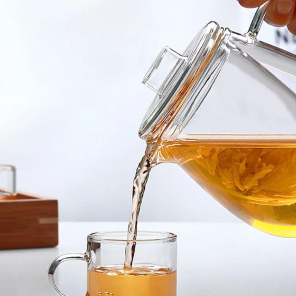 Glas-Teekanne mit Teesieb und Deckel, transparenter Teekessel für losen Tee, Kräuter- und Früchtetee, Heiß- oder Eistee, hitzebeständig und tropffreier Ausguss (500 ml)