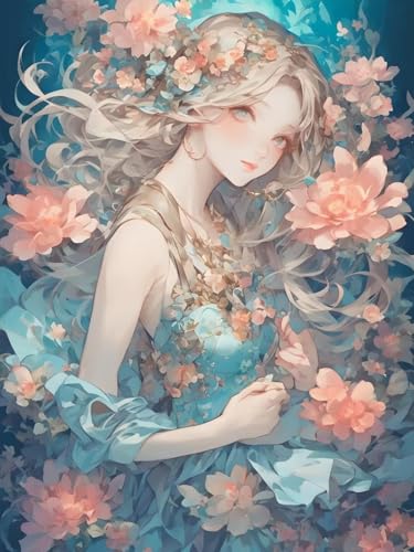 Kit Diamant Painting Complet 5D Fille de Fleurs 50x70cm Peinture Ronde pour Adulte