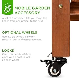Best choice products mobile garden potting bench outdoor wood workstation table wsliding tabletop 4 locking wheels food grade dry sink storage shelves brown  urban country home decor
