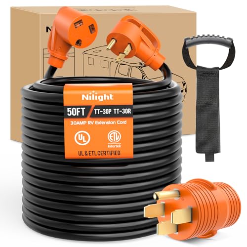 Image of Nilight 50FT 30 Amp RV Extension Cord with Adapter 50Amp to 30Amp 125V Heavy Duty 10 /3 Gauge Pure Copper STW Wire UL ETL Listed 3 Prong TT-30P TT-30R Weatherproof Suit for Generators Campers