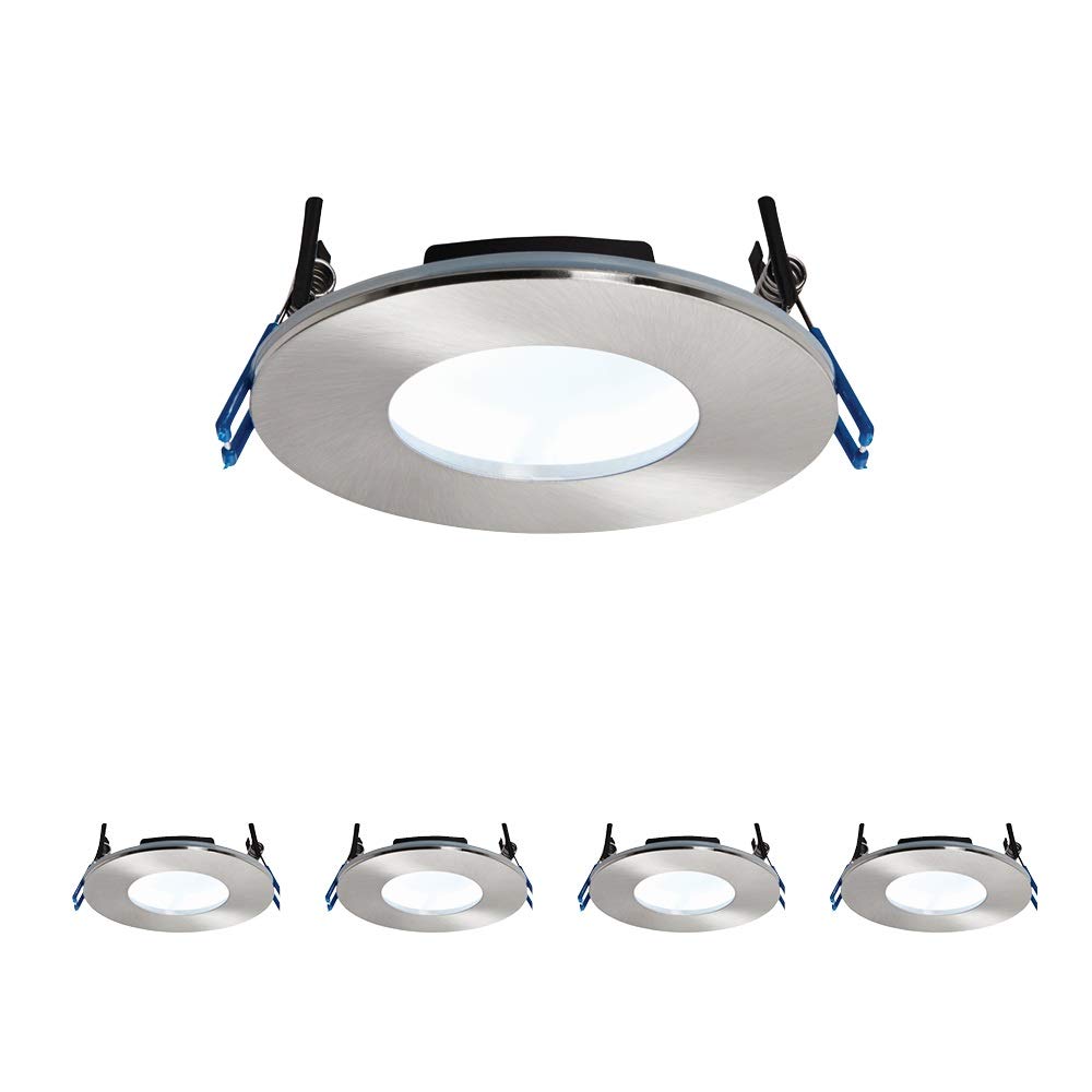 Fire Rated Downlights, Brushed Chrome Ultra Slim Bathroom/Shower IP65 Ceiling Lights, Anti-Glare LED Natural White 5000K, 9W 460 Lumens, 120 Degree Wide Beam Angle, Long-life 30,000 Hours - Pack of 4