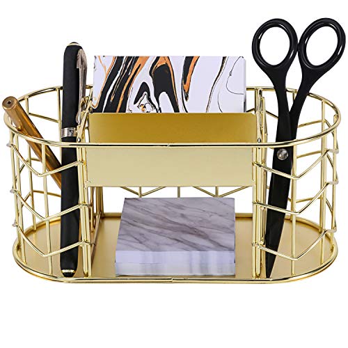 Simmer Stone Desk Accessories Organizer, 2 Pen Holders with 2 Slot Business Card Holder and Sticky Note Holder, Decorative Home Office Supplies Organizer Caddy, Gold