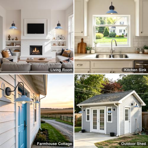 Image of 10 Inch Dome Gooseneck Barrn Light Outdoor, Baby Blue Goose Neck Farmhouse Outdoor Lights Fixture, Barn Style Exterior Wall Lighting Fixtures for Garage, Porch, Entryway