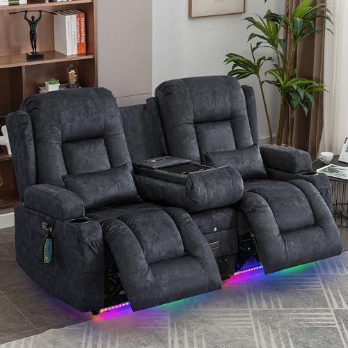 Image of URRED Power Loveseat Recliner Sofa with Massage and Heat, Wall Hugger Reclining Loveseat with Console, RV Couch Home Theater Seating with LED Lights for Living Room (Dark Grey, 67 inch - 2 Seats)