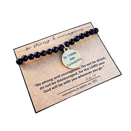 Be Strong and Courageous Religious Mantra Gold Charm Black Beaded Stretch Bracelet for Women