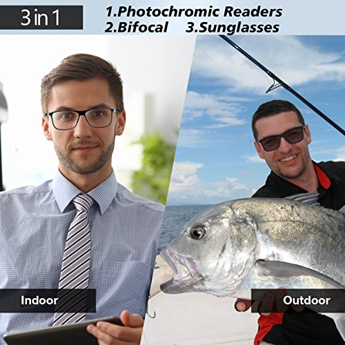 Missfive PHOTOCHROMIC BIFOCAL READERS Photochromic Bifocal Reading Glasses Men Blue Light Protection, Designer Transition Retro Computer Readers Far And Near Dual-Use Lens Stylish Vintage Eyeglasses Glossy Black Eyewear thumb #4