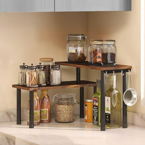 Image of ABJA Kitchen Counter Top Organizer, Shelf Rack for Kitchen Storage, Wooden Corner Shelf, 2 Tier Spice, Oil Stand, Tabletop Adjustable Rack for Makeup, Office (Rustic Brown, 2 Tier Corner Rack)
