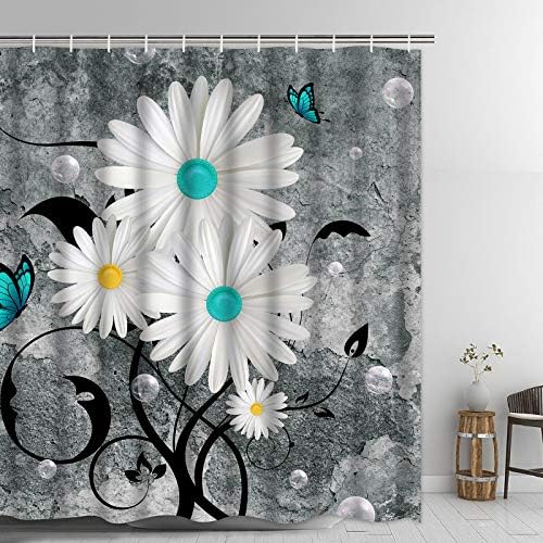 Ikfashoni Floral Butterfly Shower Curtain White Daisy Shower Curtain for Bathroom Farmhouse Rustic Bathroom Curtain with 12 Hooks, Fabric Flower Bathroom Shower Curtains, 69" x 70" Grey