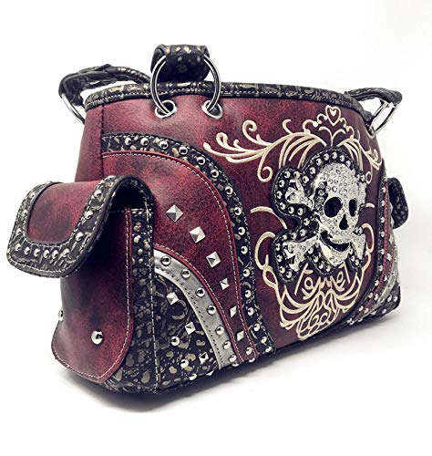 western rhinestone skull concho stitched handbag purse set red4