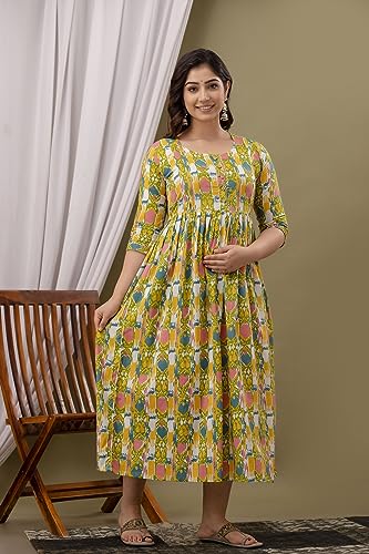 Image of Maternity Feeding Kurti for Women | Cotton Blend Anarkali Dress with Nursing Zip for Pre & Post Pregnancy
