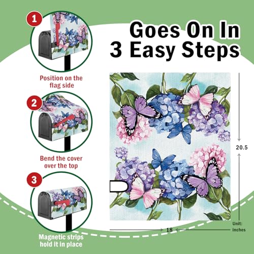 Image of Spring Summer Mailbox Cover Magnetic Standard Size 20.5 inch x 18 inch, Hydrangea Flower Butterfly Decorative Post Letter Box Wrap Decor, Floral Seasonal Garden Yard Outdoor Decoration