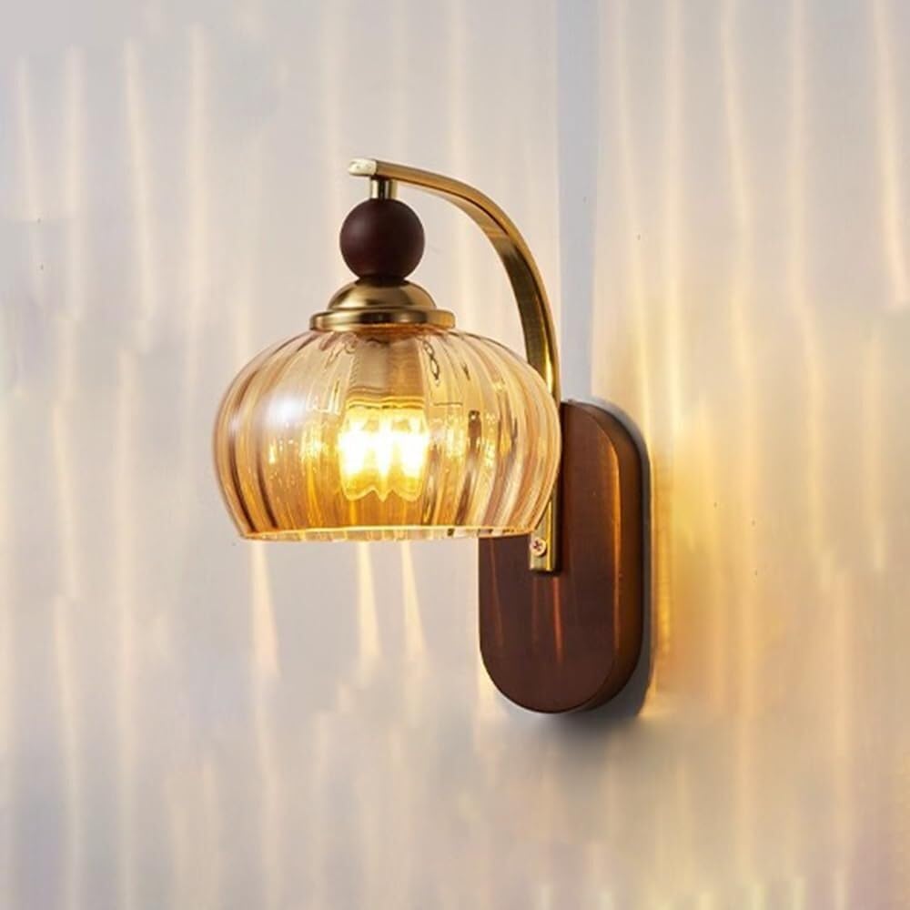 SMCCYYSD Retro Bedside Wall Lamp with Glass Shade, Walnut Wood Lantern Lightng Sconce for Bedroom Living Room Study Dining Hallway Stairs Hall Restaurant(A)