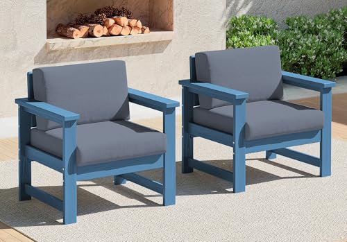 Image of SERWALL 2 Pieces Single Cushioned Lounge Chair, Blue HDPE Outdoor Adirondack Sofa Armchair with Grey Cushion