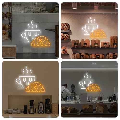 Image of Coffee & Croissant LED Neon Sign,Bakery Shop Bakery Decoration Neon Light coffee Cup Home Bar Wall Decor Croissant Lover Gift For Family Party Bedroom Restaurant Bar Birthday