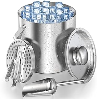 Ice Bucket, Homeasy Ice Bucket for Home Bar 3L Stainless Steel Double Wall Bar Ice Bucket Set with Lid, Tongs, Scoop and Strainer Keeps Ice Cold & Dry Great for Bar, Party, Beer, Champagne and Wine
