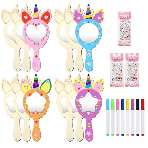 Gebrazy Set mit 12 Bastelsets für Spiegel, Einhorn, Handwerk aus Holz, zum Bemalen – Holzspiegel zum Bemalen – für Kinder – Partygeschenk – Bastelset aus Holz für Kinder
