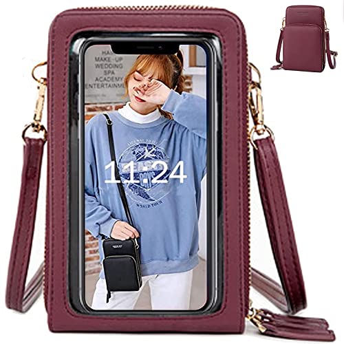 MNEUSHOP Handytasche Touch Window Handytasche Kleine Umhängetasche PU Leder Damen Geldbörse Große Kapazität mit Kartenfach Verstellbarer Abnehmbarer Schultergurt Cover
